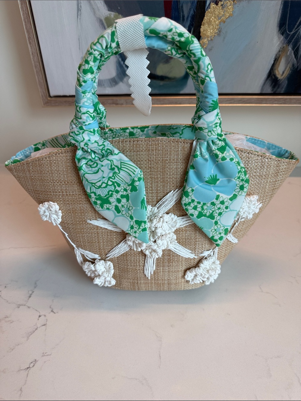 Lilly Pulitzer Green and Light Blue Floral-Handle Woven Tote